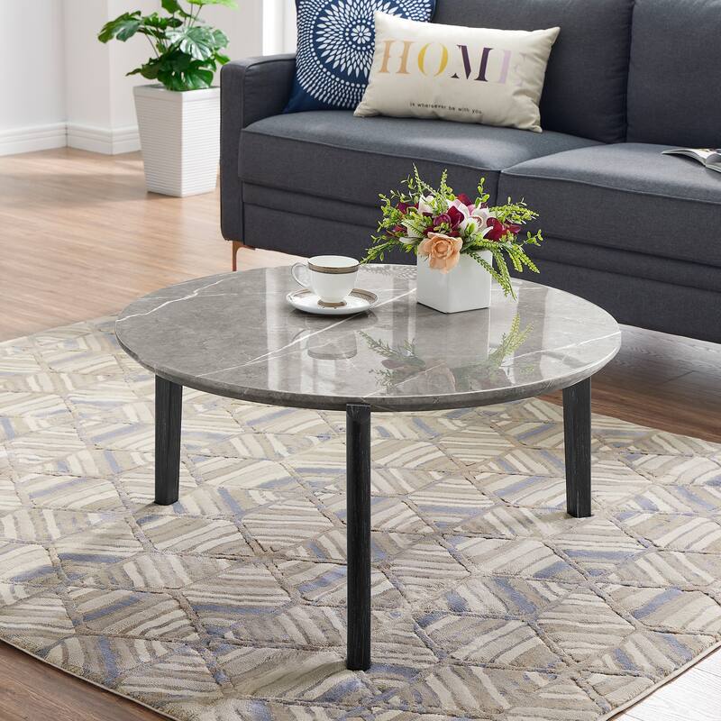 Living Room Coffee Table,36 Inch Round Small Coffee Table,Imitation Marble Tabletop With Rubber Wood Legs,Wooden Coffee Table - Grey