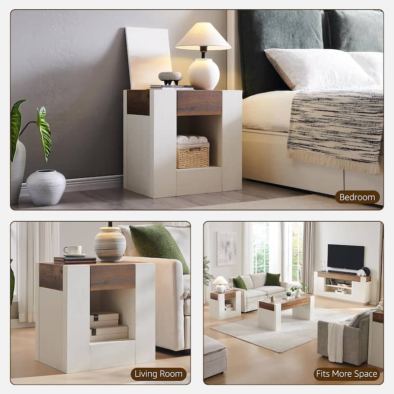 Modern Nightstand with Charging Station, End Table w/Hidden Drawers