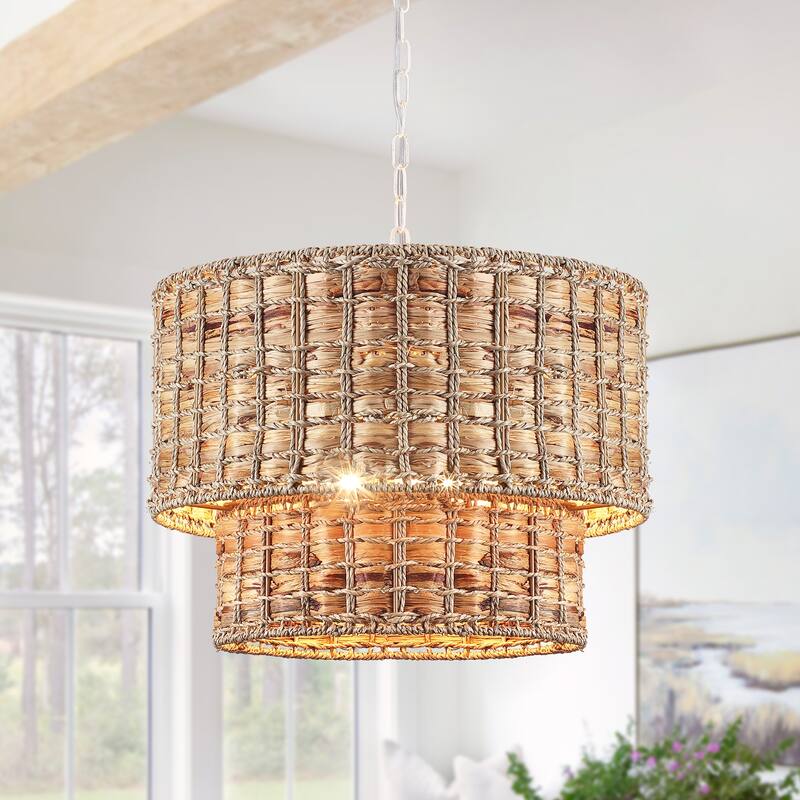 18.9 in. 5-Light Hemp Rope Weaving Drum Chandelier, Bohemian Style Chandelier, Handwoven Semi Flush Mount Chandelier