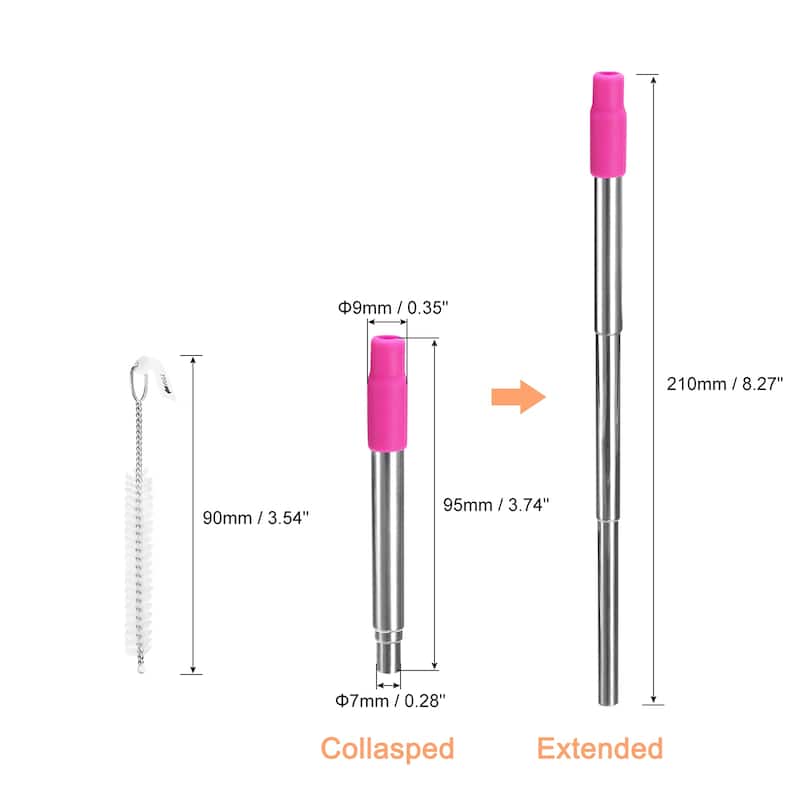 1 Set Reusable Telescopic Stainless Steel Straws with Silicone Nozzle - Fuchsia