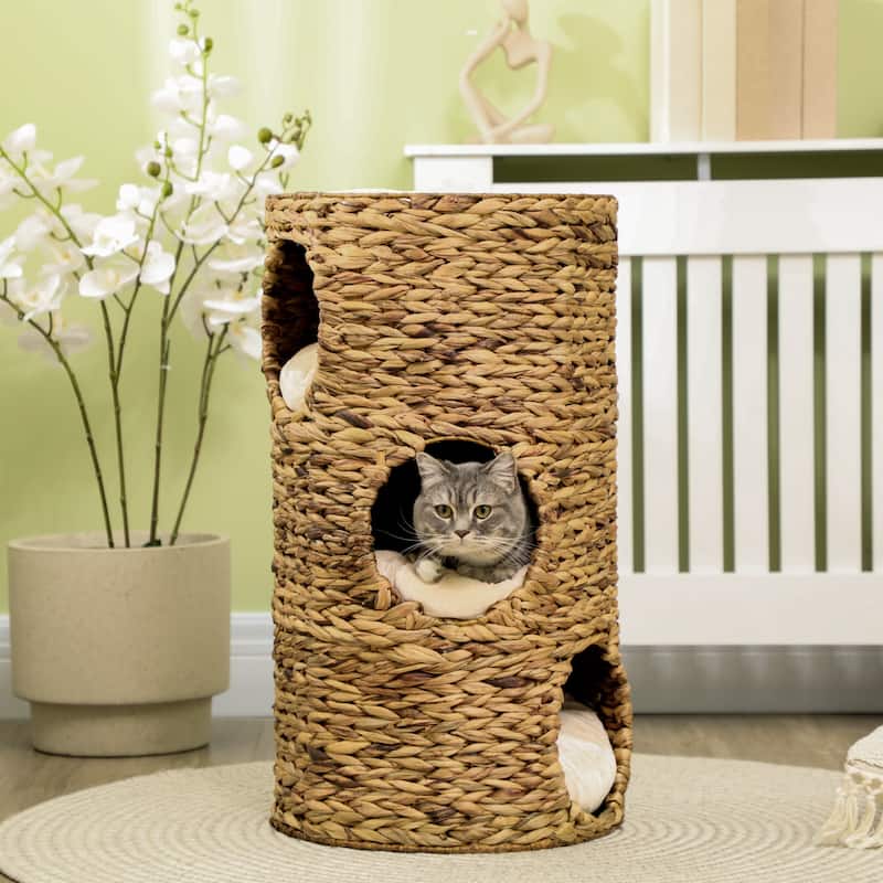 PawHut Elevated Cat Bed with Three Hideaways & Four Soft Plush Cushions, Cat Tower with Hand-Woven Materials