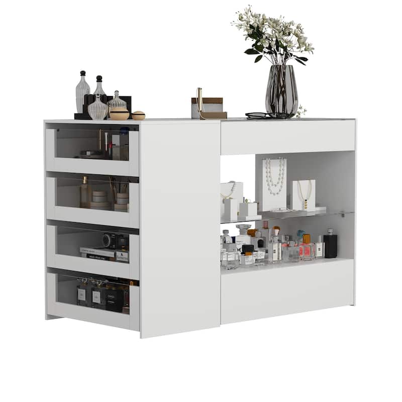 White Dresser Island Modern Bedroom Storage w/Tempered Glass Detailing