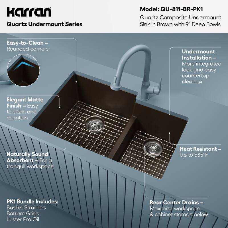 Karran 32" Undermount Large/Small Bowl Quartz Kitchen Sink Kit - 32" x 21.25" x 9"