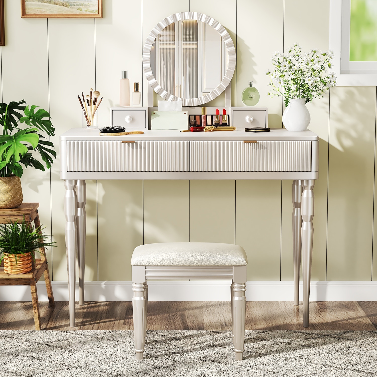 Vanity Desk with Adjustable Round Mirror, Wooden Dressing Table Set, Makeup Vanity Table with 4 Drawers & Cushioned Stool