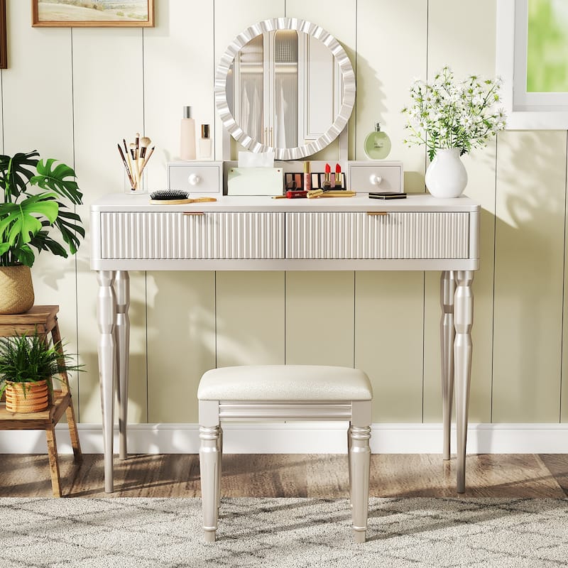 Vanity Desk with Adjustable Round Mirror, Wooden Dressing Table Set, Makeup Vanity Table with 4 Drawers & Cushioned Stool - Champagne