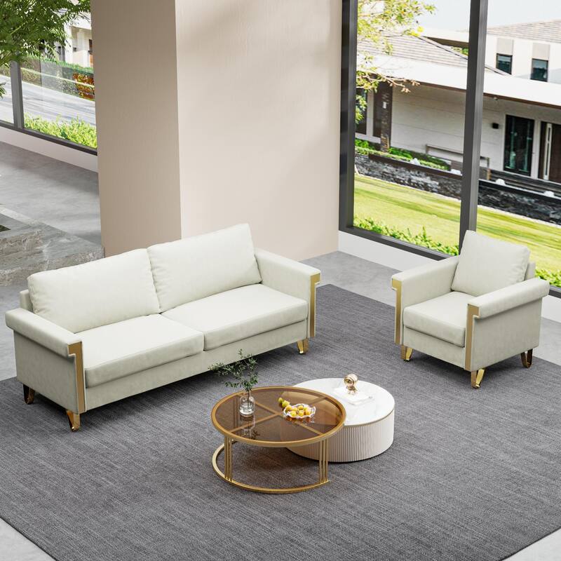 Mid-Century Velvet 3-Seater Sofa Chair Set with Gold Legs