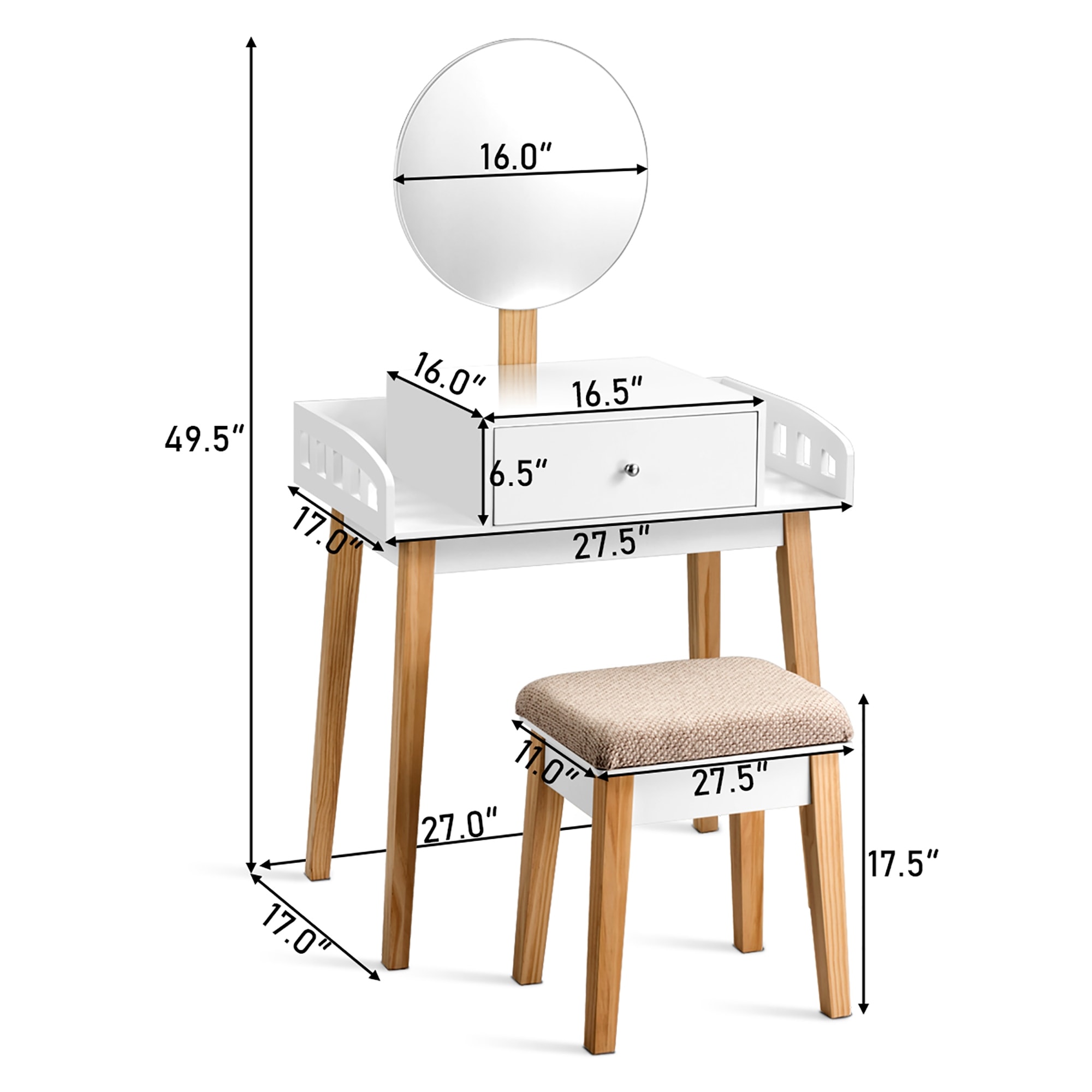 Vanity Table Set With Height Adjustable Round Mirror White Vanity Table Set With Height Adjustable Round Mirror White