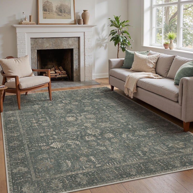 Mcow Vintage Collection Distressed Floral Low-Pile Machine-Washable Area Rug - 8' x 10' - Dark Grey