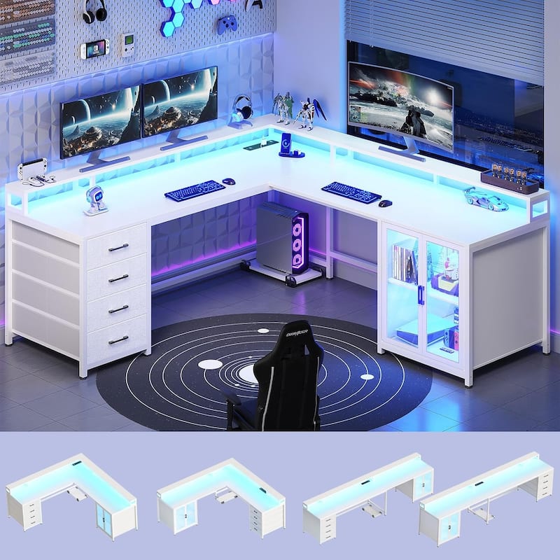L Shaped Gaming Desk Drawers Computer Desk with Display Cabinet - White - 4 Drawers