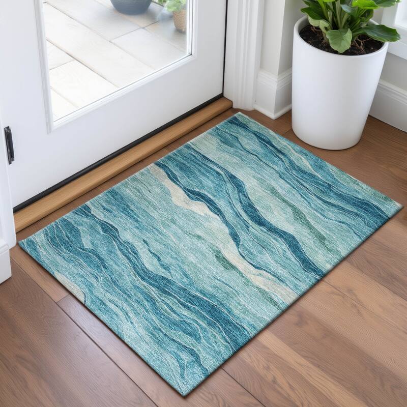 Premium Washable Super Soft Modern Waves Mayfield Rug - Turquoise - 1'8" x 2'6"