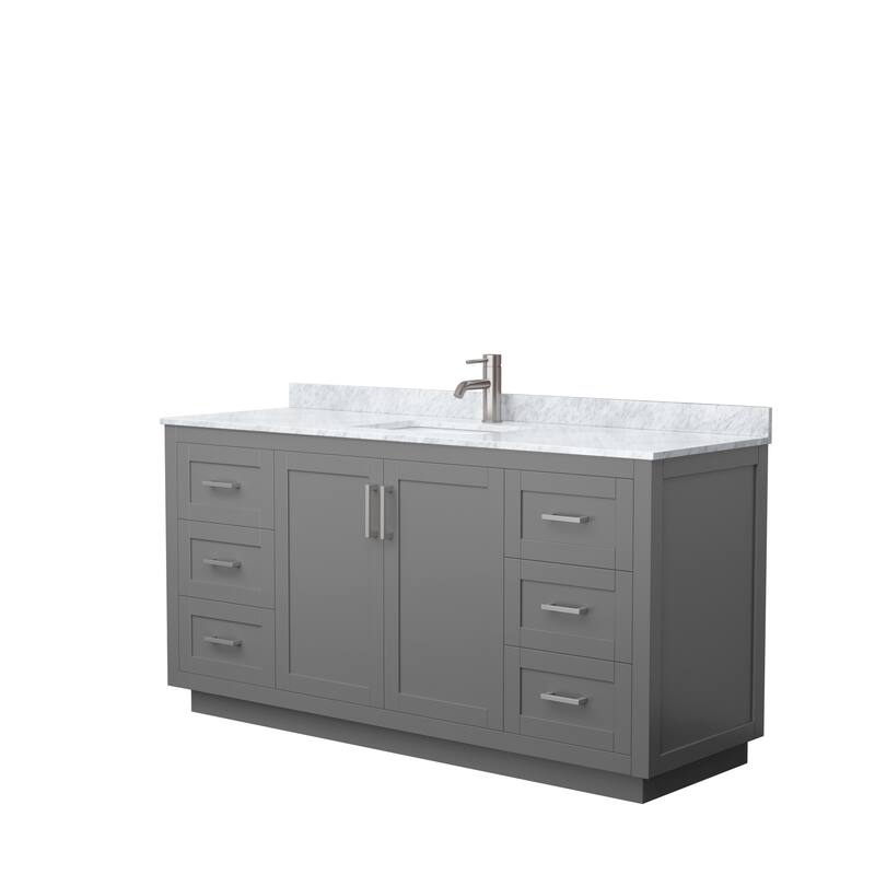 Miranda Single Vanity Set, White Carrara Marble Top, No Mirror - 66-Inch Single - Dark Gray, Nickel Trim, White Carrara Marble Top