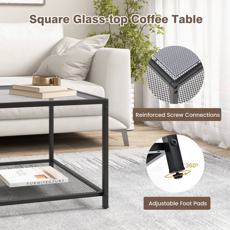 Tempered Glass and Black Metal 2-Tier Coffee Table with Mesh Shelf and 110 lbs Capacity - 27.5" x 27.5" x 18"