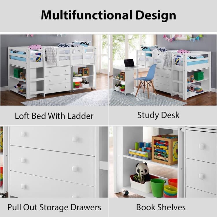 Twin Size Loft Bed with Desk Low Study Kids Twin Loft Bed with Storage Pine Wood Loft Bed for Kids Twin Loft Bed with Cabinet