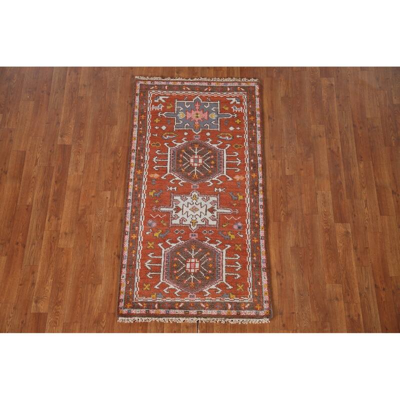 Orange Geometric Kazak Indian Area Rug Handmade Wool Carpet - 2'7"x 5'0"