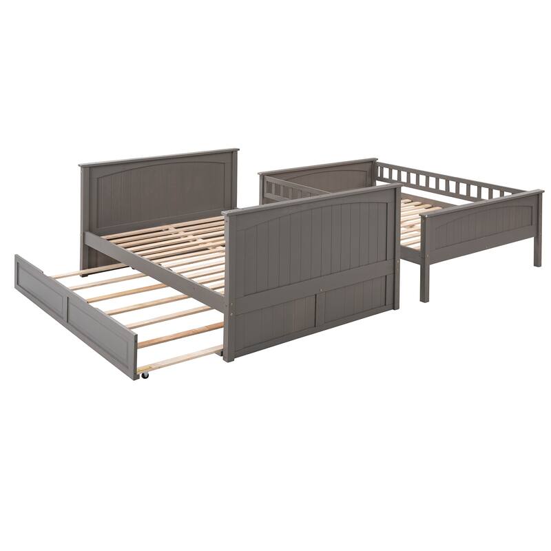 Full Over Full Bunk Bed with Twin Trundle, Pine Wood, Brushed Gray, Space-Saving Solution