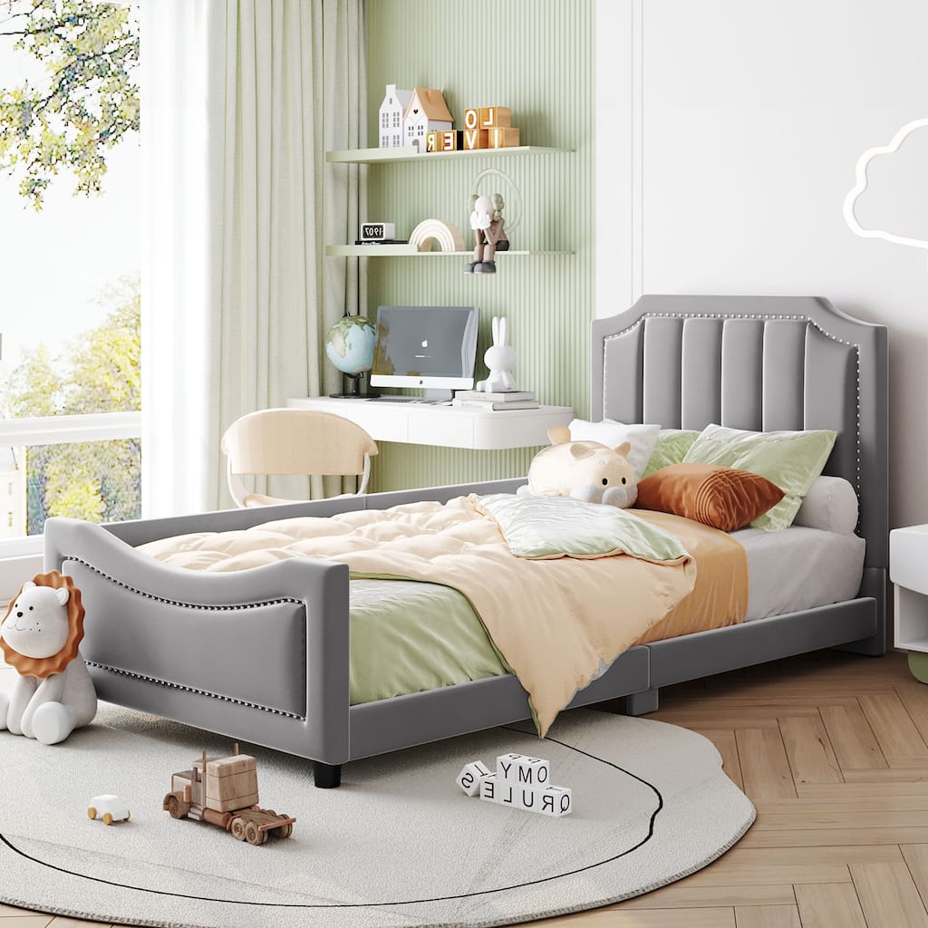 Twin Size Upholstered Daybed with Classic Stripe Headboard, Gray