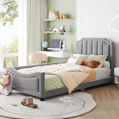 Twin Size Upholstered Daybed with Classic Stripe Shaped Headboard, Gray
