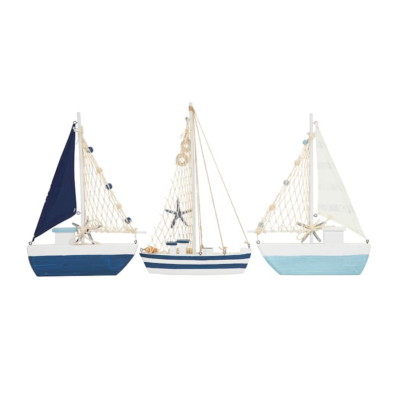 Resin Sail Boat Sculpture with Netting and Starfish Details - Set of 3 Blue - Roche River Decor - 2"W x 9"L x 14"H
