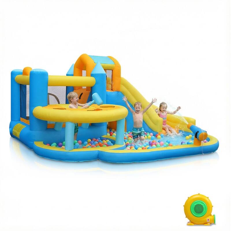 Oxford Cloth Inflatable Castle Bounce House In Blue And Yellow With Curved Slide, Whack-A-Mole & Water Play Function - N/A - Blue