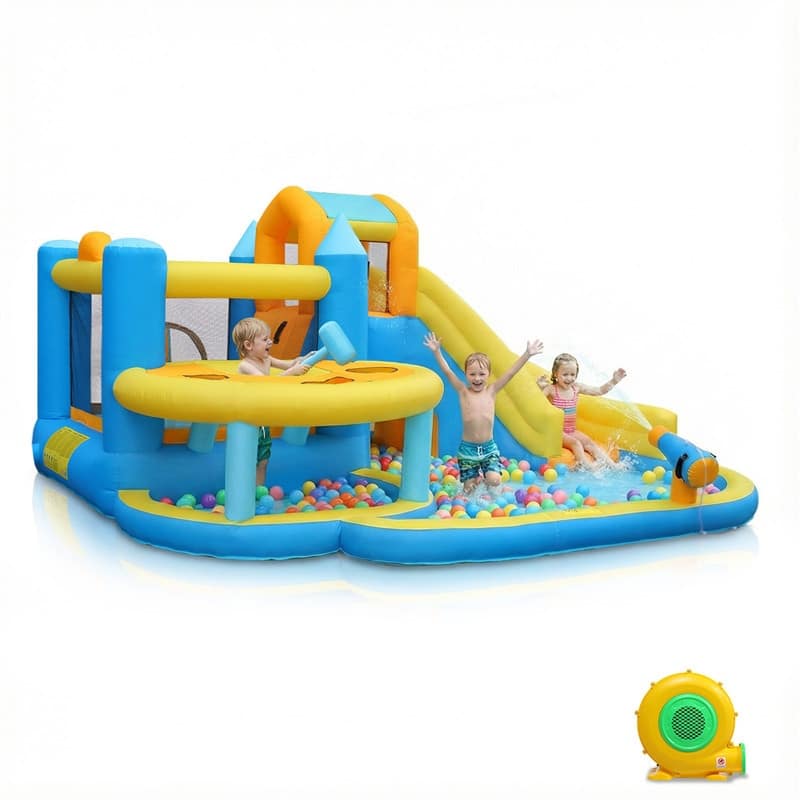 Oxford Cloth Inflatable Castle Bounce House In Blue And Yellow With Curved Slide, Whack-A-Mole & Water Play Function - N/A