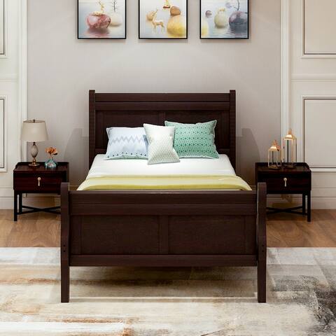 Twin Wood Platform Bed Frame Sleigh Bed with Headboard, Footboard & Wood Slat Support, Espresso