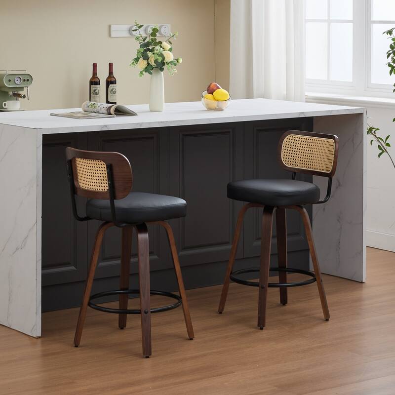 Set of 2 Counter Height Bar Stools, Swivel Counter Stools with Walnut Frame, Rattan Weave Back and PU Leather Padded Seat
