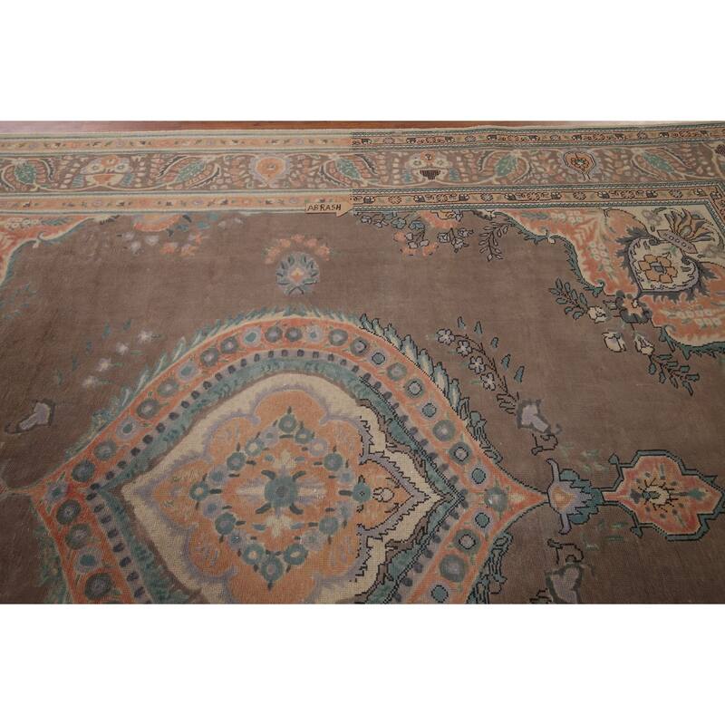 Brown Geometric Tabriz Vintage Persian Area Rug Handmade Wool Carpet - 9'4" x 12'5"