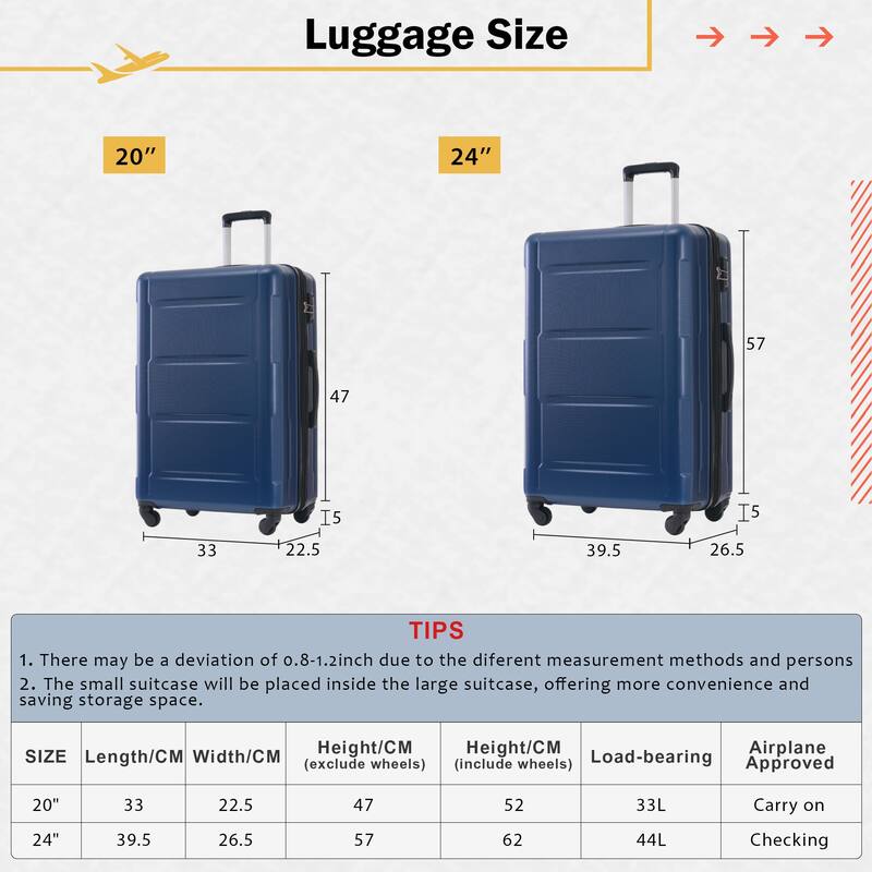 2-Piece 20/24 Inch, Modern Luggage Sets, Expandable Lightweight Luggage with TSA Lock, for Boarding Travel, Blue