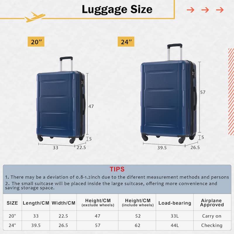 2 Piece Luggage Set with Bags Expanable Spinner Wheels ABS Lightweight Suitcase with TSA Lock 20inch+24inch