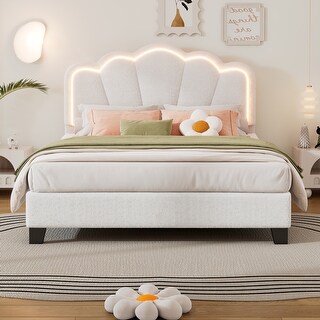 Full Size Upholstered Flower-Shape Bed with LED Light Strip, Sherpa Fabric Platform Bed with Wooden Slats Support, White