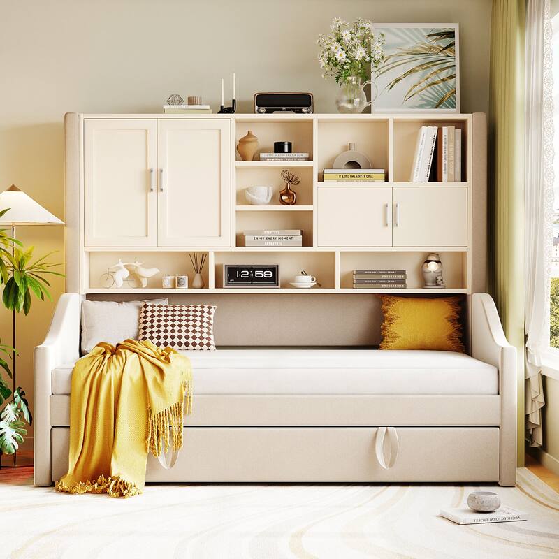 Velvet Upholstered Daybed with LED Armrest Lights and Pull-Out Lift-Up Trundle