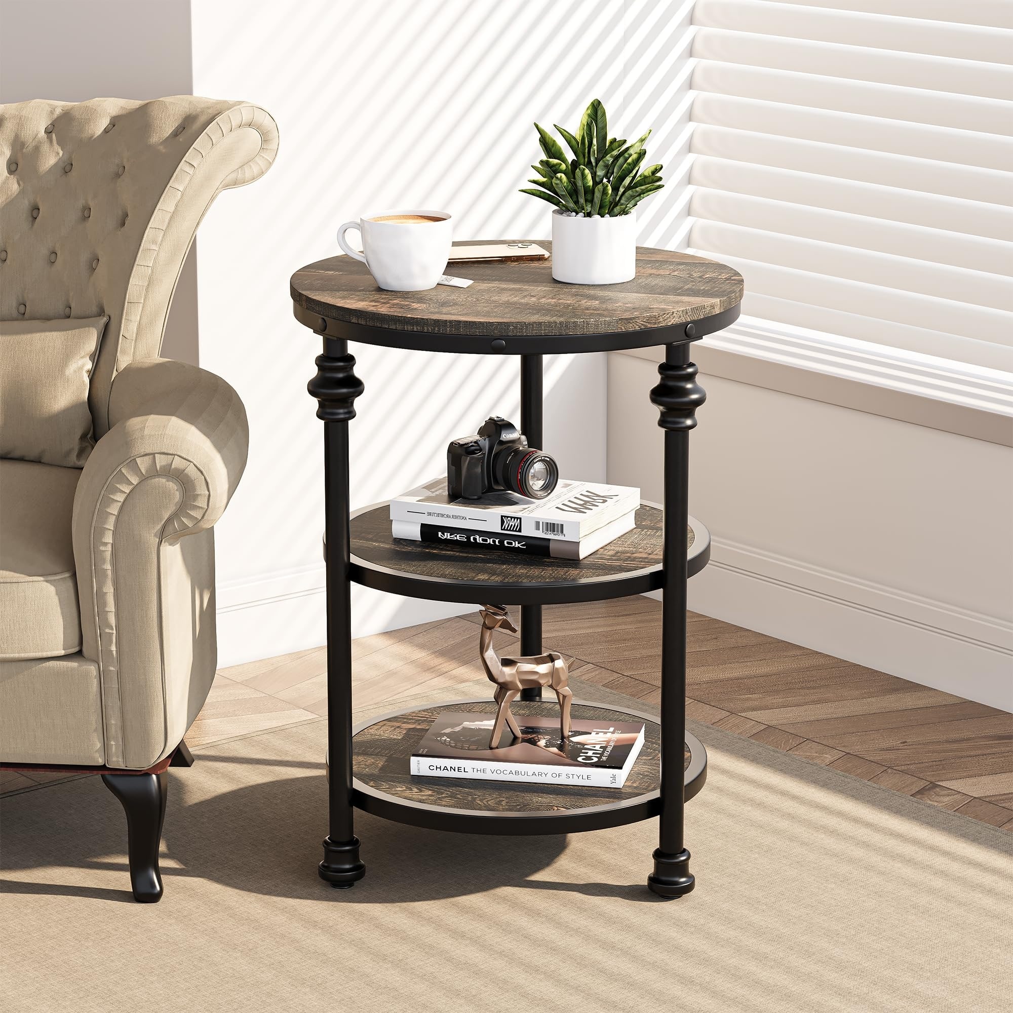 3-Tier Round Side Table, Metal + Wood