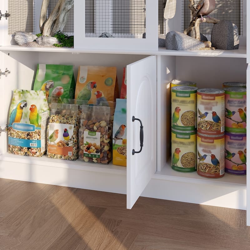 Large Wooden Bird Cage Cabinet with Storage, White Aviary Hutch with Black Metal Mesh, Tall Indoor Parrot Cage Furniture
