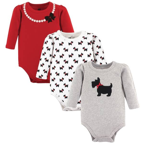 slide 1 of 1, Hudson Baby Infant Girl Cotton Long-Sleeve Bodysuits, Scottie Dog 0-3 Months - Scottie Dog 3-Pack