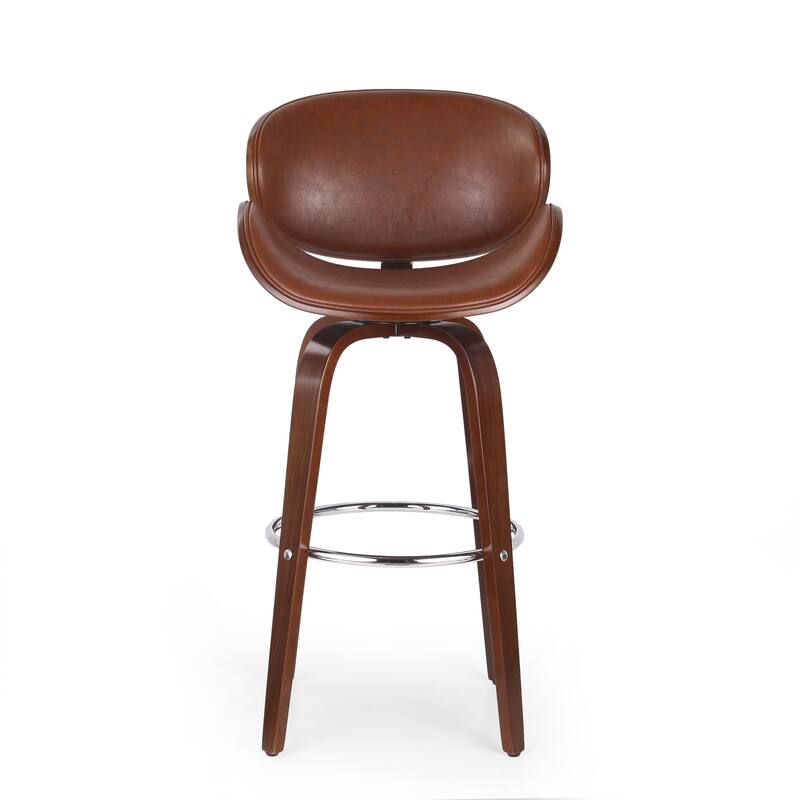 30" Mid-Century Swivel Bar Stool with Leather Seat, Metal Frame, Chrome Footrest, for Bar Dining Room and Living Room