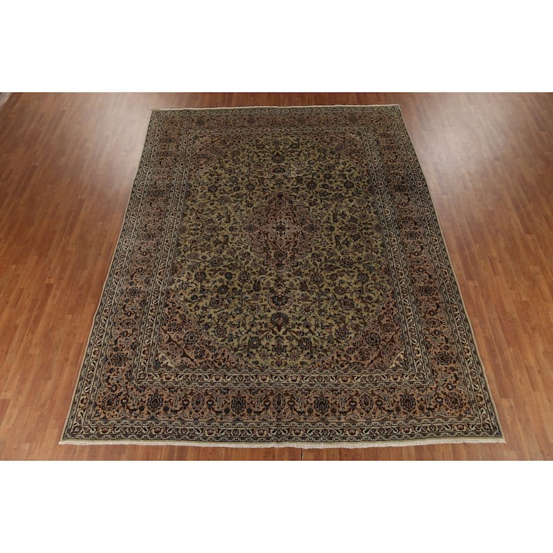 Traditional Green Kashan Persian Vintage Area Rug Handmade Wool Carpet - 9'8"x 12'3"