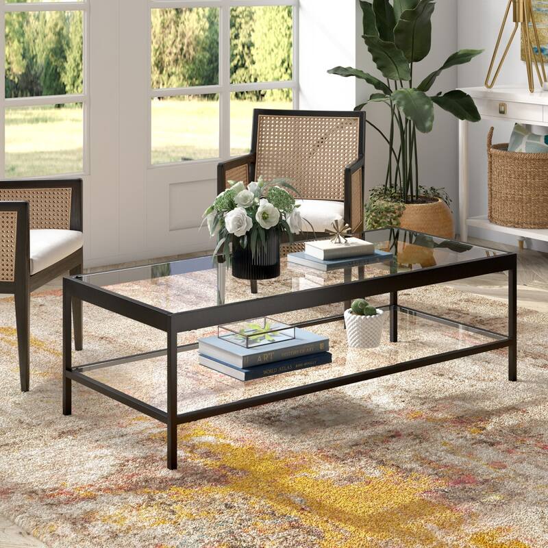 Contemporary 54-Inch Rectangular Coffee Table Glass Top with Steel Base Bottom Storage Shelf Perfect for Living Room