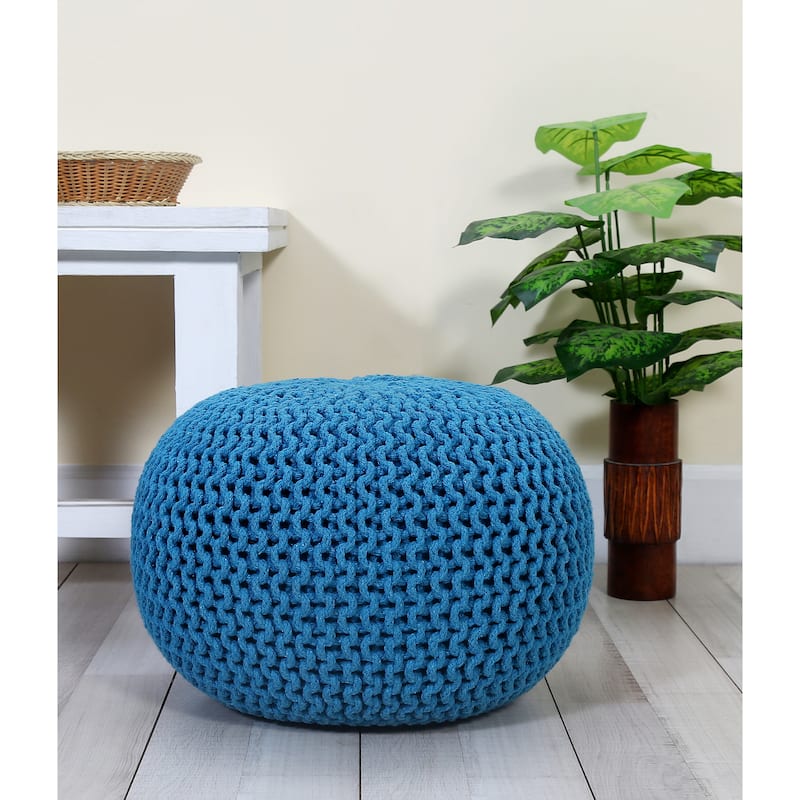 Hand Knitted Pouf Cotton Braided Cord Cable Ottoman - Foot Stool - Accent Seat Furniture Bean Bag - Living Room Kids - 18x18x14 - Blue