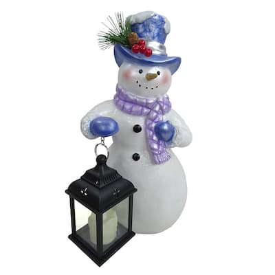 Lavender Winter Snowman Holding Lantern Statue w/Flash LED-SM - 14" H