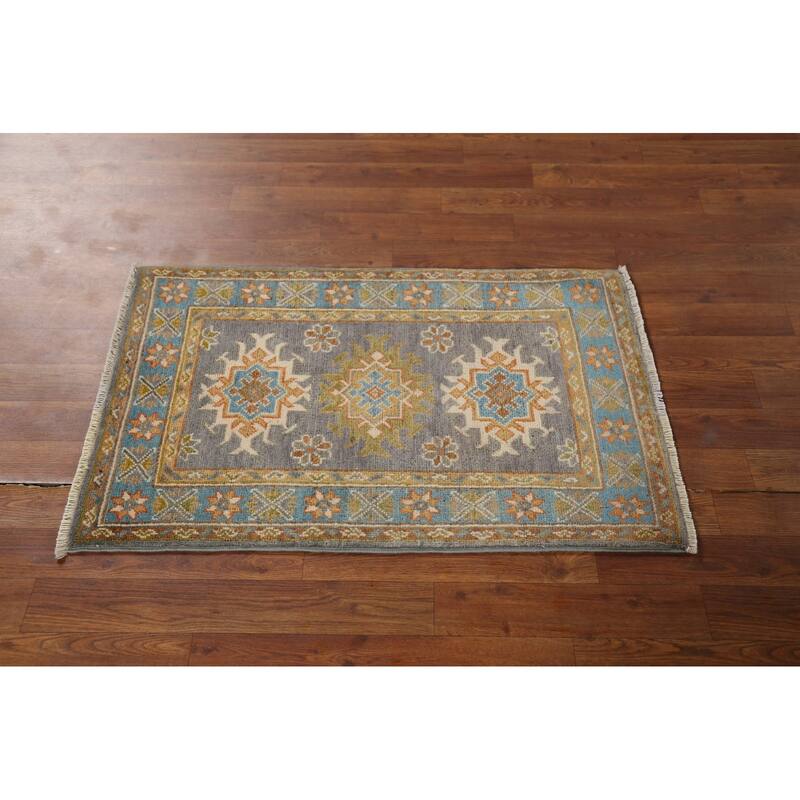Gray Geometric Kazak Accent Rug Hand-Knotted Wool Carpet - 2'1"x 2'10"