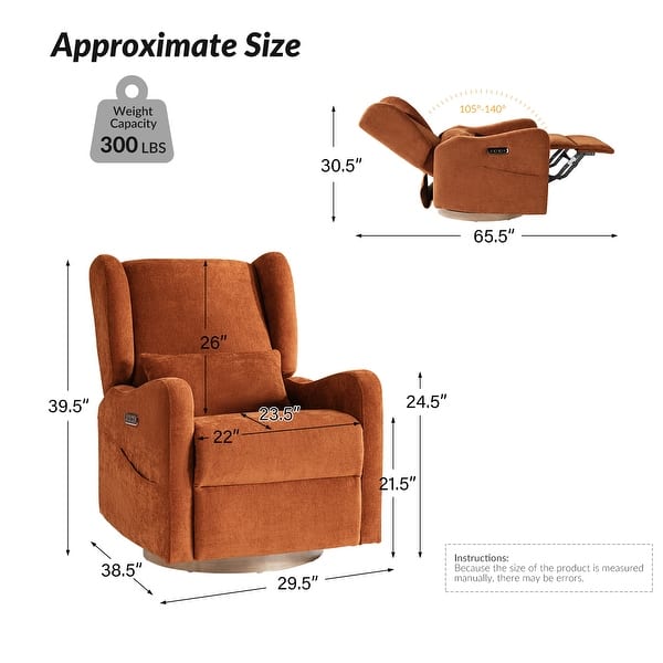 dimension image slide 3 of 4, HULALA HOME Remo Modern Electric Waterproof Nursery Swivel Glider Recliner with Built-in Nightlight and USB ports Set of 2