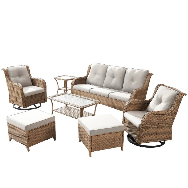 Pocassy Outdoor 7PCS 3-Seat Sofa Swivel Chairs Table Ottoman