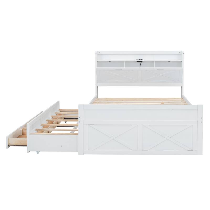 Full Size Wooden Storage Bed with Headboard Outlets, Extendable Trundle and Three Drawers, White