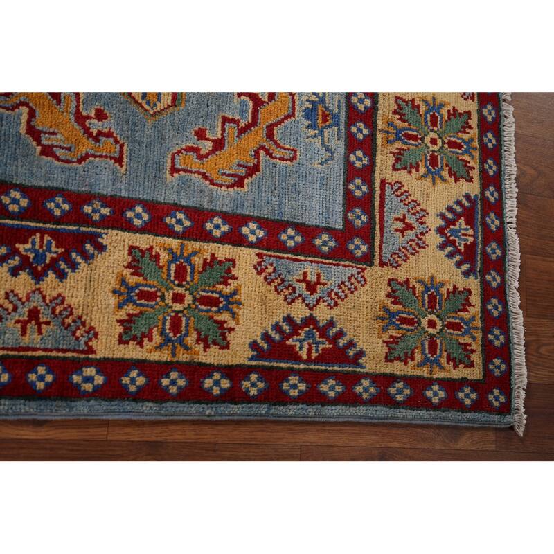 Light Blue Kazak Oriental Area Rug Handmade Geometric Wool Carpet - 3'11" x 5'10"