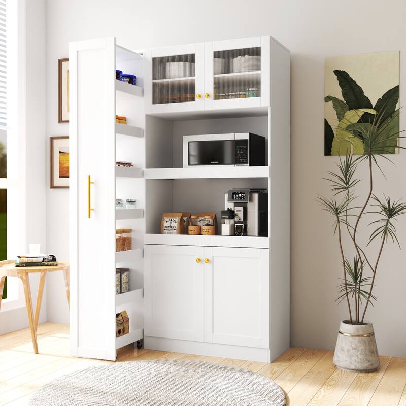 GDFStudio - Harry 70.87" Freestanding Multi-Function Pantry Cabinet with Pull-Out Shelves, Drawers & Microwave Stand - 4 Doors - White