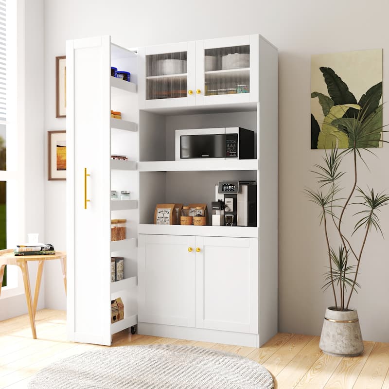 Wood Kitchen Pantry Cabinet with Pull-Out Storage Shelf, Modern Home Cabinet Hutch with Microwave Stand for Dining Room