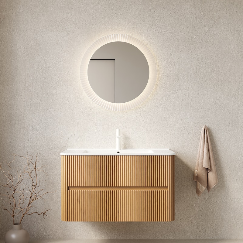 Floating Stripe Bathroom Vanity with Ceramic Sink - 36 - Natural Wood