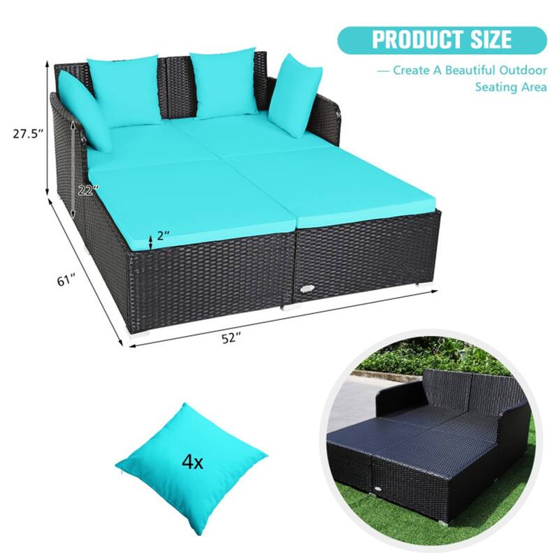 Outdoor Rattan Daybed with Cushions for Patio or Backyard - 61" x 52" x 27.5"
