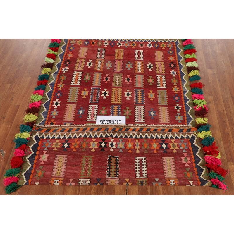 Kilim Qashqai Persian Vintage Rug Hand-Woven Geometric Wool Carpet - 4'6"x 7'7"