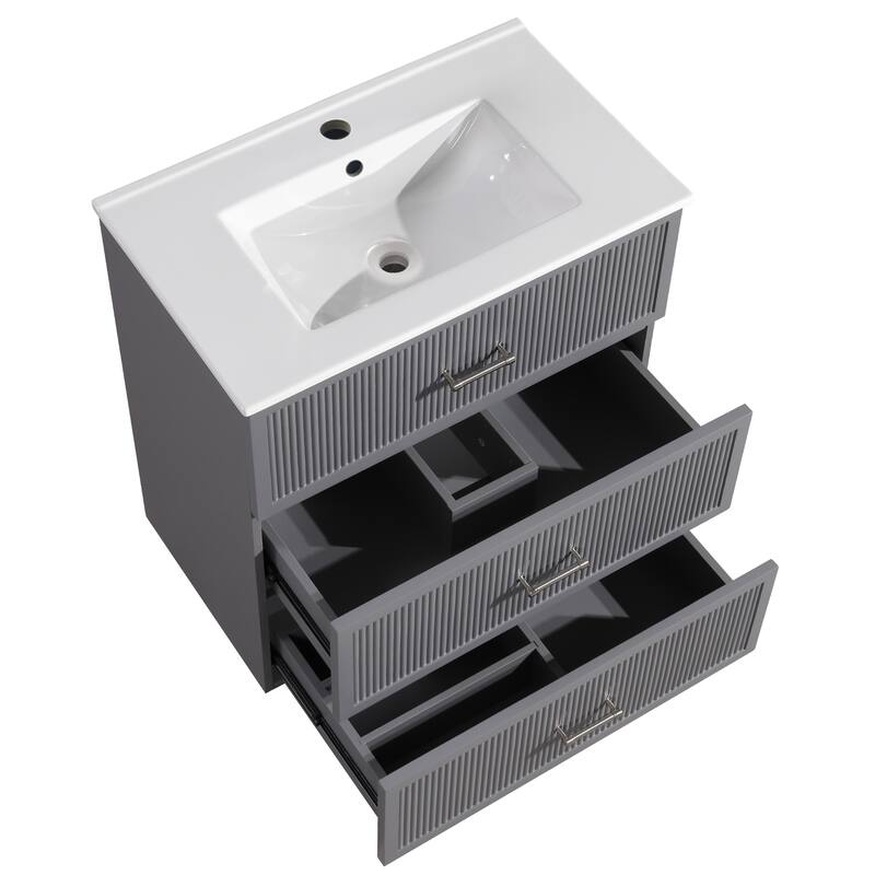 30" Freestanding Bathroom Vanity with Ceramic Sink and 2 Storage Drawers, Stylish Gray Floor Cabinet